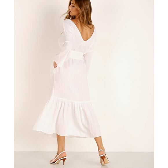 Mara Hoffman Augusta Midi Dress White Tiered Belted Long Sleeve Gauzy Sz M - Picture 3 of 13